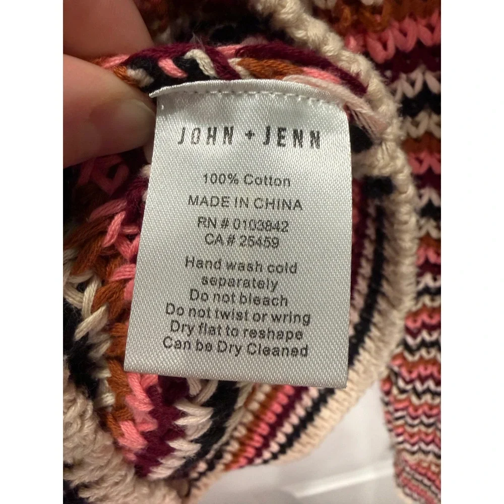 John + Jenn Striped Cotton Knit Sweater Women Medium Crochet Look Boho Versatile